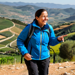 A professional female rural tourism guide, fully clothed in modest, practical outdoor adventure clothing including hiking pants, a layered technical jacket, and sturdy hiking boots. She is enthusiastically engaging with a small, diverse group of fully clothed tourists, pointing towards a picturesque Spanish rural landscape with rolling hills and an ancient village in the distance. She has a warm, inviting expression, mid-storytelling. The scene is bathed in bright, natural daylight. This image features perfect anatomy, correct proportions, natural pose, well-formed hands, proper finger count, and natural body proportions, reflecting professional photography, cinematic lighting, high-resolution detail. safe for work, appropriate content, fully clothed, professional, modest, family-friendly.