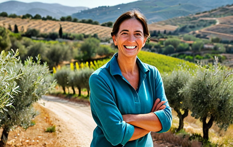 **

"A cheerful, fully clothed tour guide, smiling warmly at a group of tourists in the Spanish countryside. Rolling hills, olive groves in the background. She wears practical, modest outdoor clothing. Safe for work, family-friendly, professional quality, perfect anatomy, appropriate content, natural proportions."

**