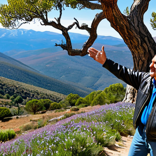 Home 27 Guía Rural Narrando Historias**
A friendly, experienced rural tour guide in a worn leather jacket, standing on a scenic mountain trail in Sierra de Gredos, Spain. He is gesturing animatedly while sharing stories of the local legends of an ancient oak tree with a small group of attentive tourists. Background: rolling hills, wildflowers, and a clear blue sky. Focus on capturing the warmth and passion of the guide. *safe for work*, *appropriate content*, *fully clothed*, *modest attire*, *professional*, *perfect anatomy*, *natural proportions*, *well-formed hands*.
**