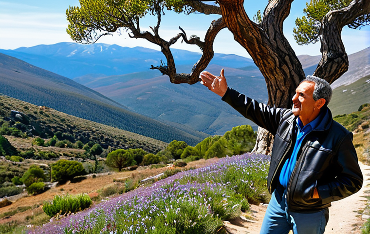 Guía Rural Narrando Historias**

A friendly, experienced rural tour guide in a worn leather jacket, standing on a scenic mountain trail in Sierra de Gredos, Spain. He is gesturing animatedly while sharing stories of the local legends of an ancient oak tree with a small group of attentive tourists. Background: rolling hills, wildflowers, and a clear blue sky. Focus on capturing the warmth and passion of the guide. *safe for work*, *appropriate content*, *fully clothed*, *modest attire*, *professional*, *perfect anatomy*, *natural proportions*, *well-formed hands*.

**
