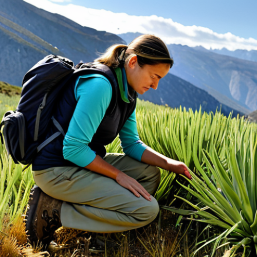 Home 26 "A professional female biologist, fully clothed in field attire (khaki pants, hiking boots, vest), examining plant life in the Sierra Nevada mountains of Spain, appropriate content, safe for work, perfect anatomy, natural light, professional photography."