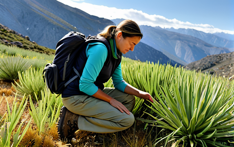 "A professional female biologist, fully clothed in field attire (khaki pants, hiking boots, vest), examining plant life in the Sierra Nevada mountains of Spain, appropriate content, safe for work, perfect anatomy, natural light, professional photography."