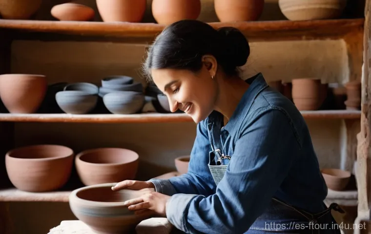 농촌관광지도사와 지속 가능한 관광 - **Prompt:** "A captivating and authentic scene in a sun-drenched, rustic Spanish pottery workshop. A...
