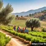 Home 21 농촌관광지도사와 농업 체험 프로그램 - A warm, sunlit Spanish rural landscape with a family-friendly farm scene: a small group of diverse t...