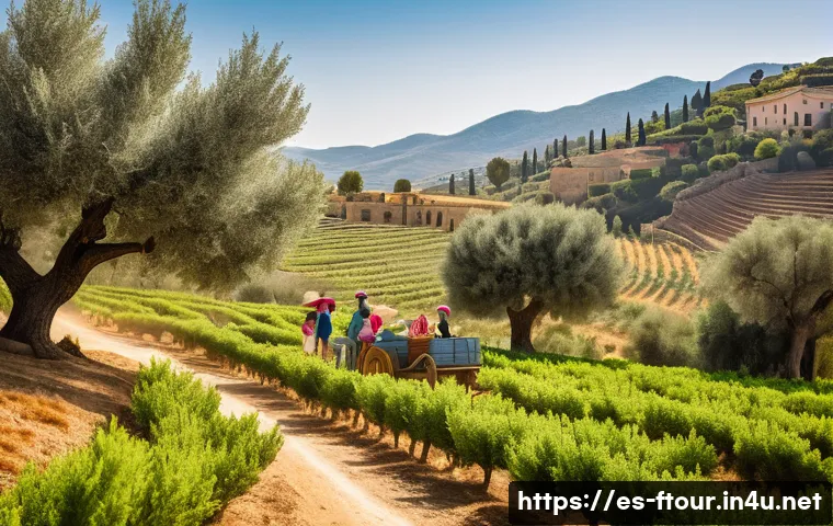 농촌관광지도사와 농업 체험 프로그램 - A warm, sunlit Spanish rural landscape with a family-friendly farm scene: a small group of diverse t...