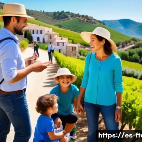Home 32 농촌관광지도사 직무 인터뷰 - A rural tourism guide warmly interacting with a diverse group of visitors in a vibrant Spanish count...