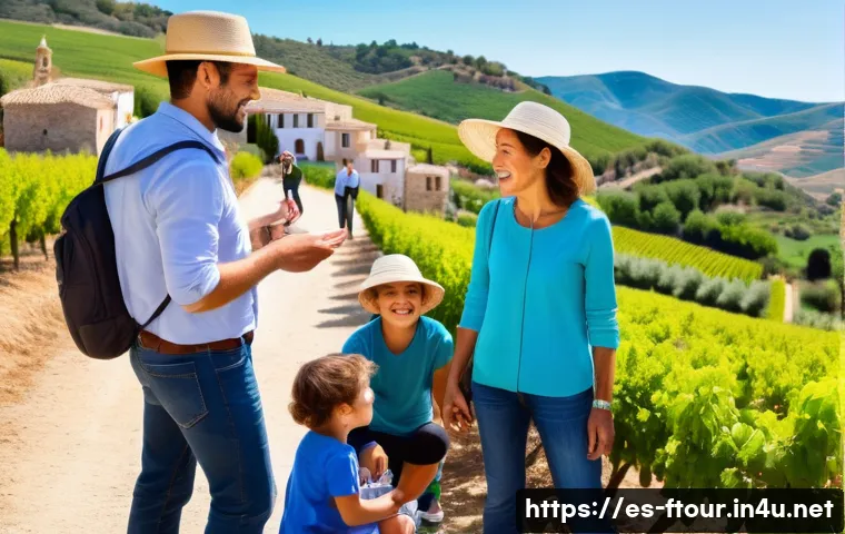 농촌관광지도사 직무 인터뷰 - A rural tourism guide warmly interacting with a diverse group of visitors in a vibrant Spanish count...