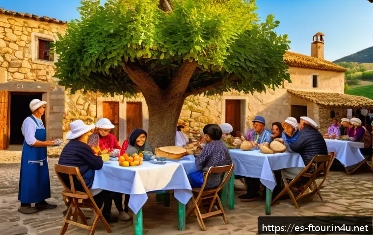농촌관광지도사로서의 일상 기록 - A vibrant rural scene during a traditional harvest festival in a Spanish village, featuring a divers...